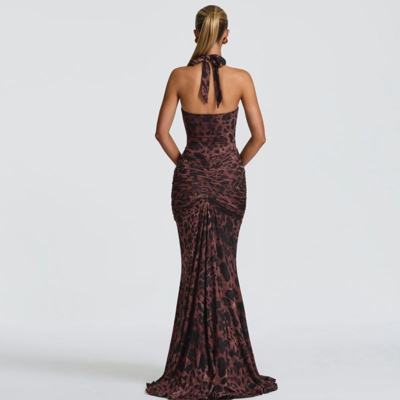 Women Summer Sexy Halter V Neck Backless Leopard Print Bodycon Party Club Evening Long Dress