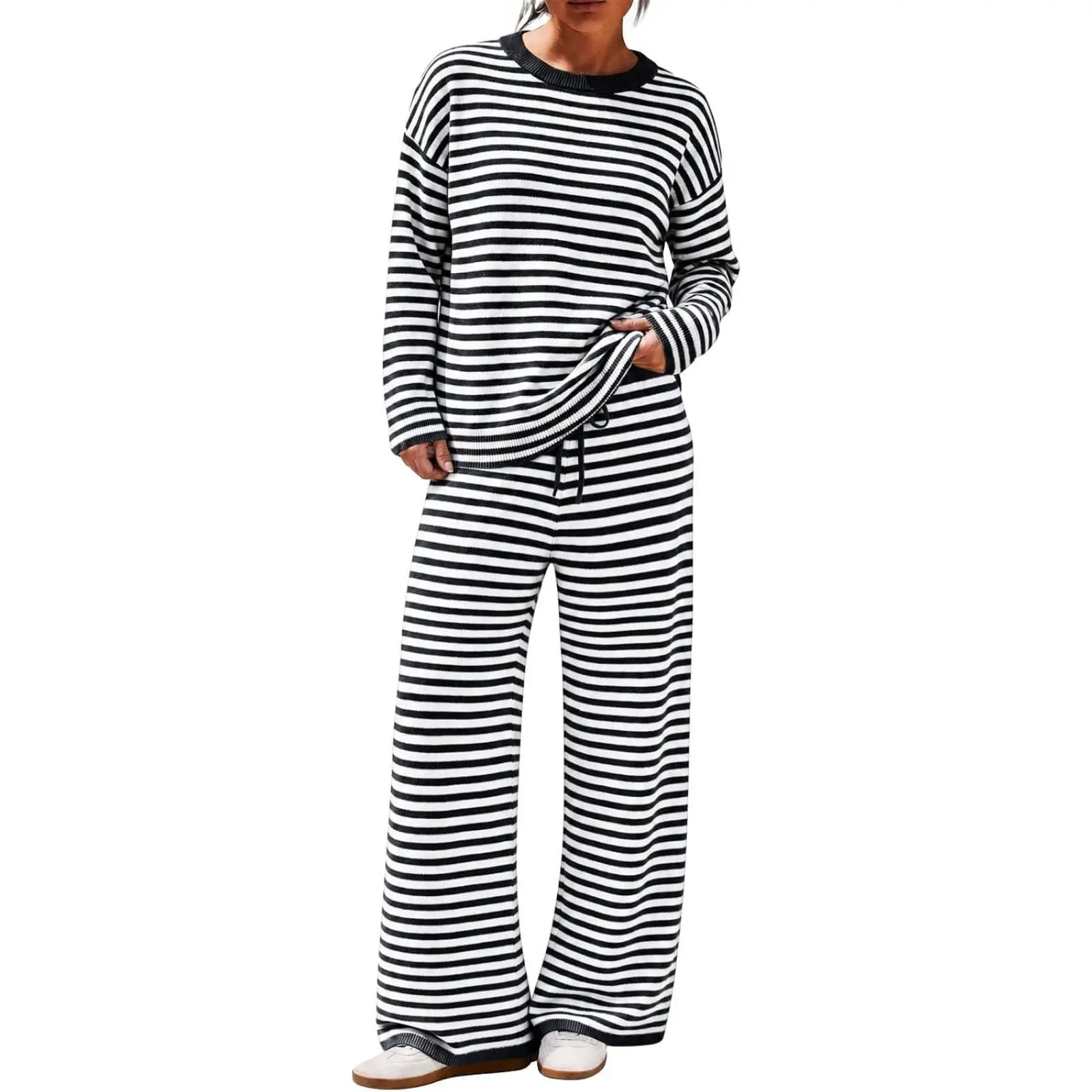 Tankaneo Womens Sweater Set 2 Piece Striped Set Fall Oversized Lounge Sets, Matching Sets, Pajama, Long Sleeve Knit Tops Wide Leg Pants, Casual Fall Outfits, Pants Set, Striped Sweater, Loose Fit