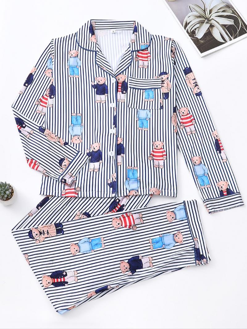 Women's Fall Winter Pajama Set, Cute Bear Print, Comfortable Lapel Top & Elastic Pants, Casual Homewear, Ladies Sleepwear Series