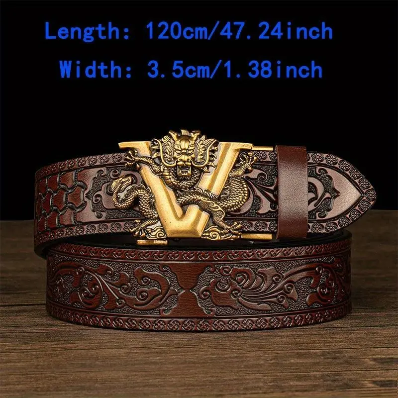 1.38inchV-BuckleGenuineLeatherBeltHighQualityAlloyAutomaticBucklePrintedBeltGiftBusinessMen'sBelt
