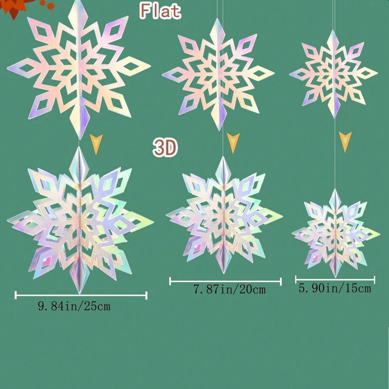 Christmas Hanging Snowflake Decor Set, 6/12 Pieces, 3D Rainbow Paper Snowflakes, Winter Wonderland, Christmas & Birthday Party Decoration