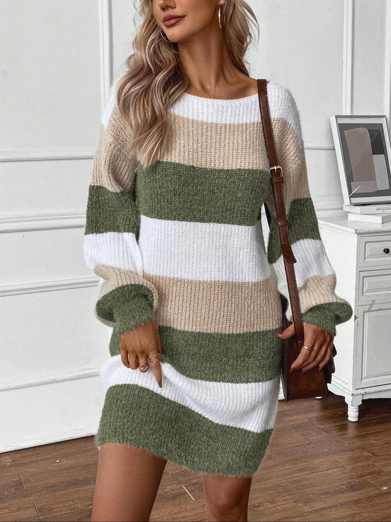 Women's Colorblock Striped Sweater Dress, Elegant Fashion Style, Perfect for Fall & Winter, Daily Wear, Parties, Valentine's Day