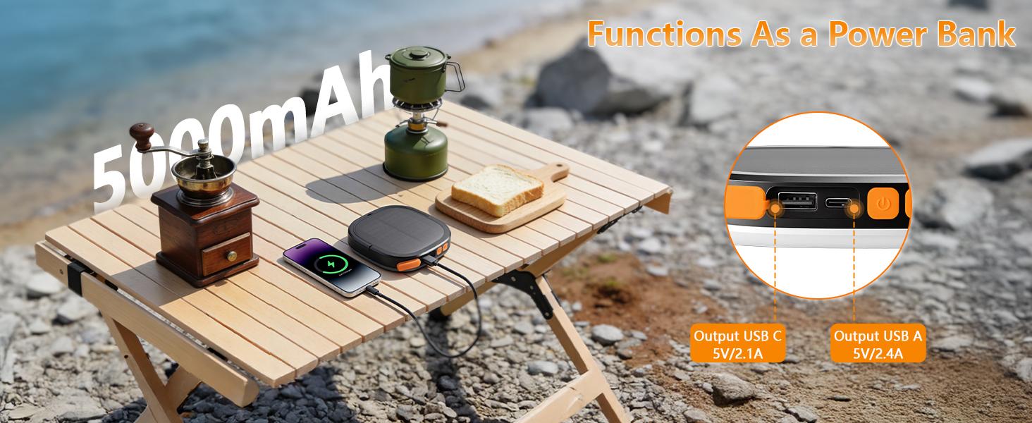 5000mAh Solar Camping Lantern - USB/Solar Rechargeable, IP65 Waterproof with 5 Light Modes. Power Bank, Emergency Light for Hurricanes, Hiking, Home, or Blackouts