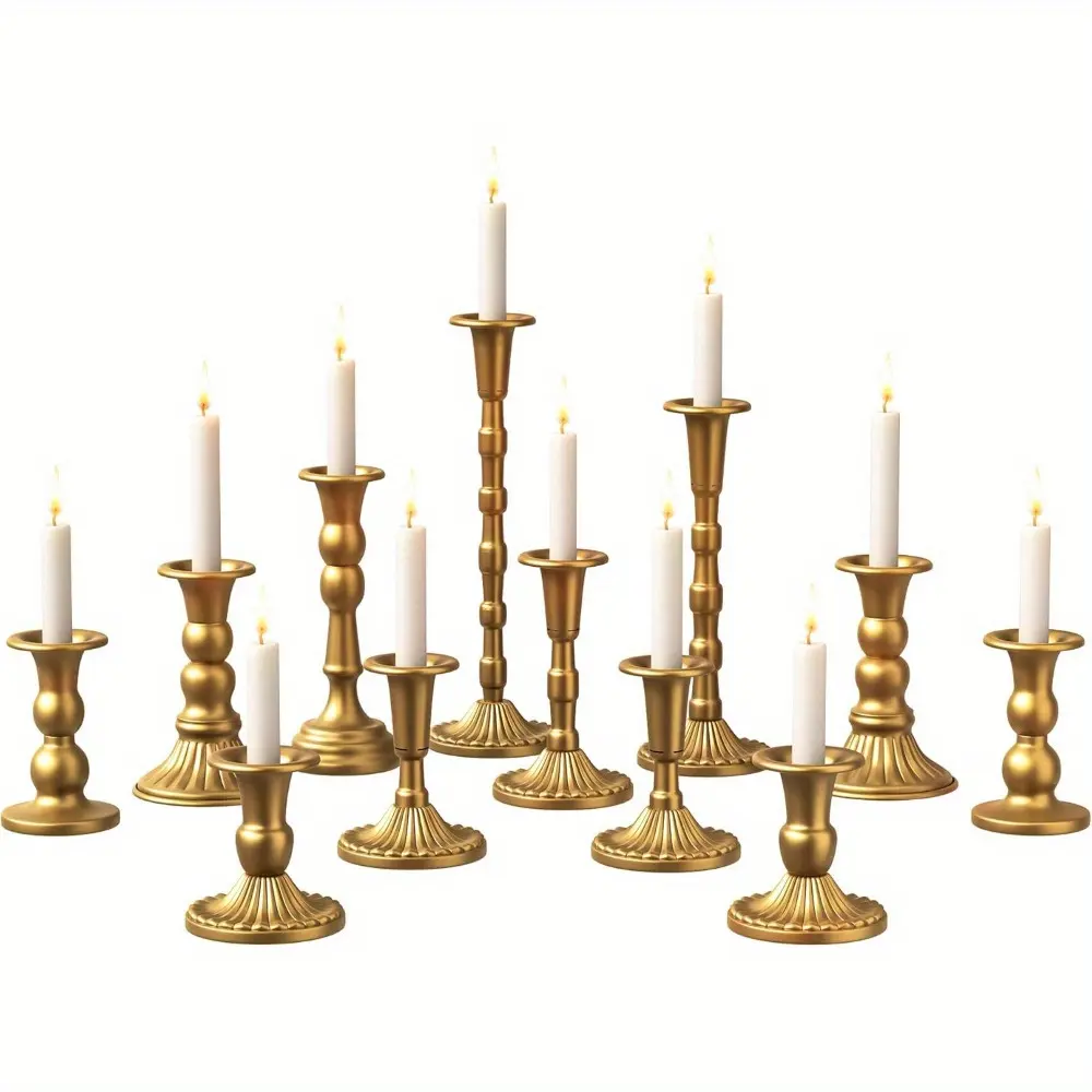 Golden Candlestick Holders Set of 12, Vintage Taper Candle Sticks Holders, Tall Mismatch vintage Brass Candle Holders for Table Centerpiece, Wedding, Birthday Party, Anniversary Decor