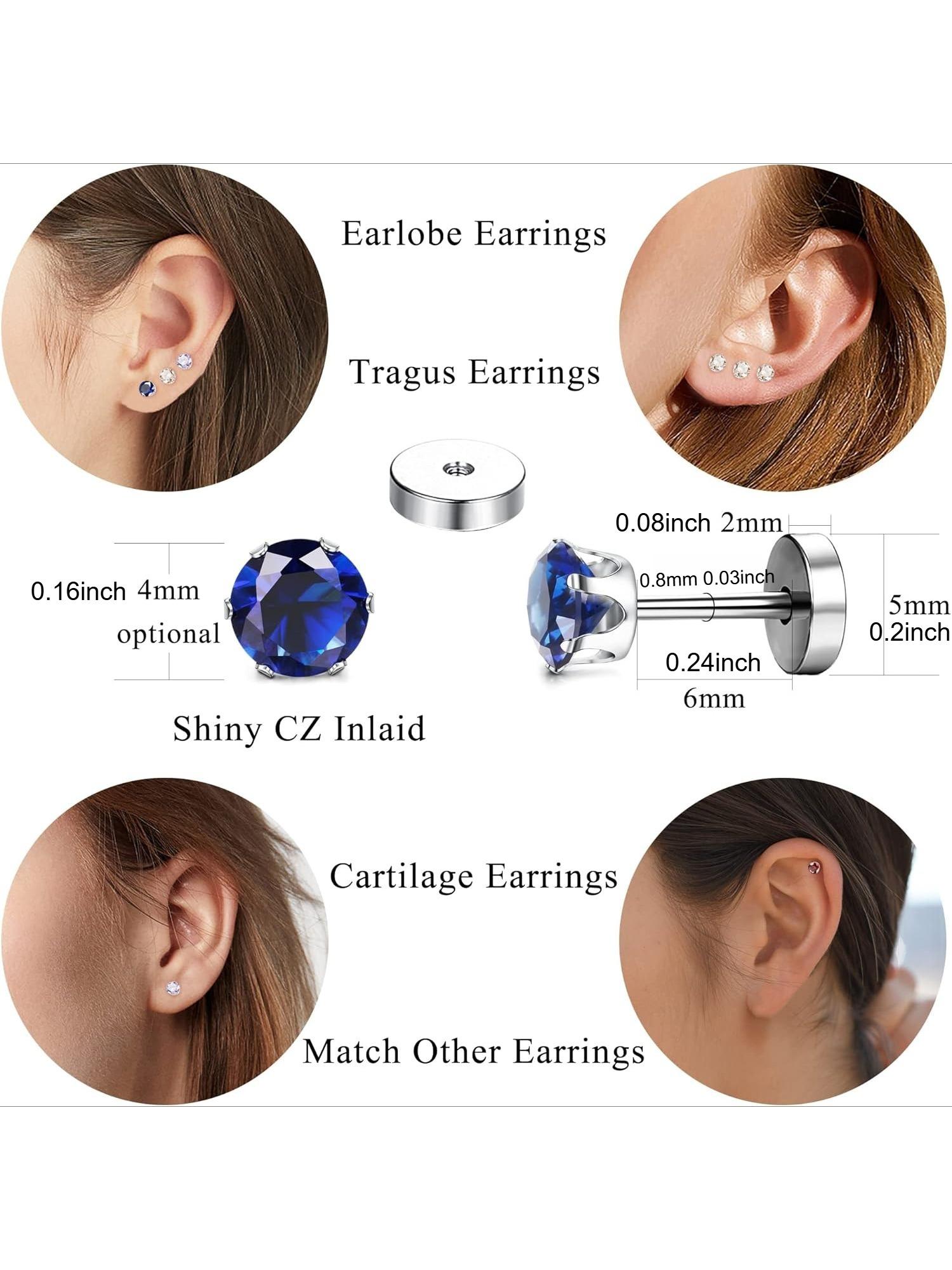 14 Pairs Colorful Zirconia Cartilage Stud Earrings for Women Men Premium Stainless Steel with Brilliant CZ Designed with Screw Flat Back Style Classic Tiny Studs Perfect for Tragus All Cartilage Ear Piercing Decoration