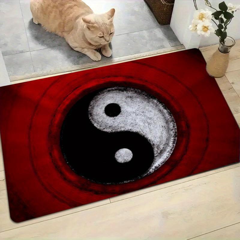 Yin Yang Symbol Half Door Mat, Red Black Tai Chi Floor Mat for Entryway Spiritual Zen Print Rug for Living Room Bedroom  Carpet for Indoor Outdoor Home Decor