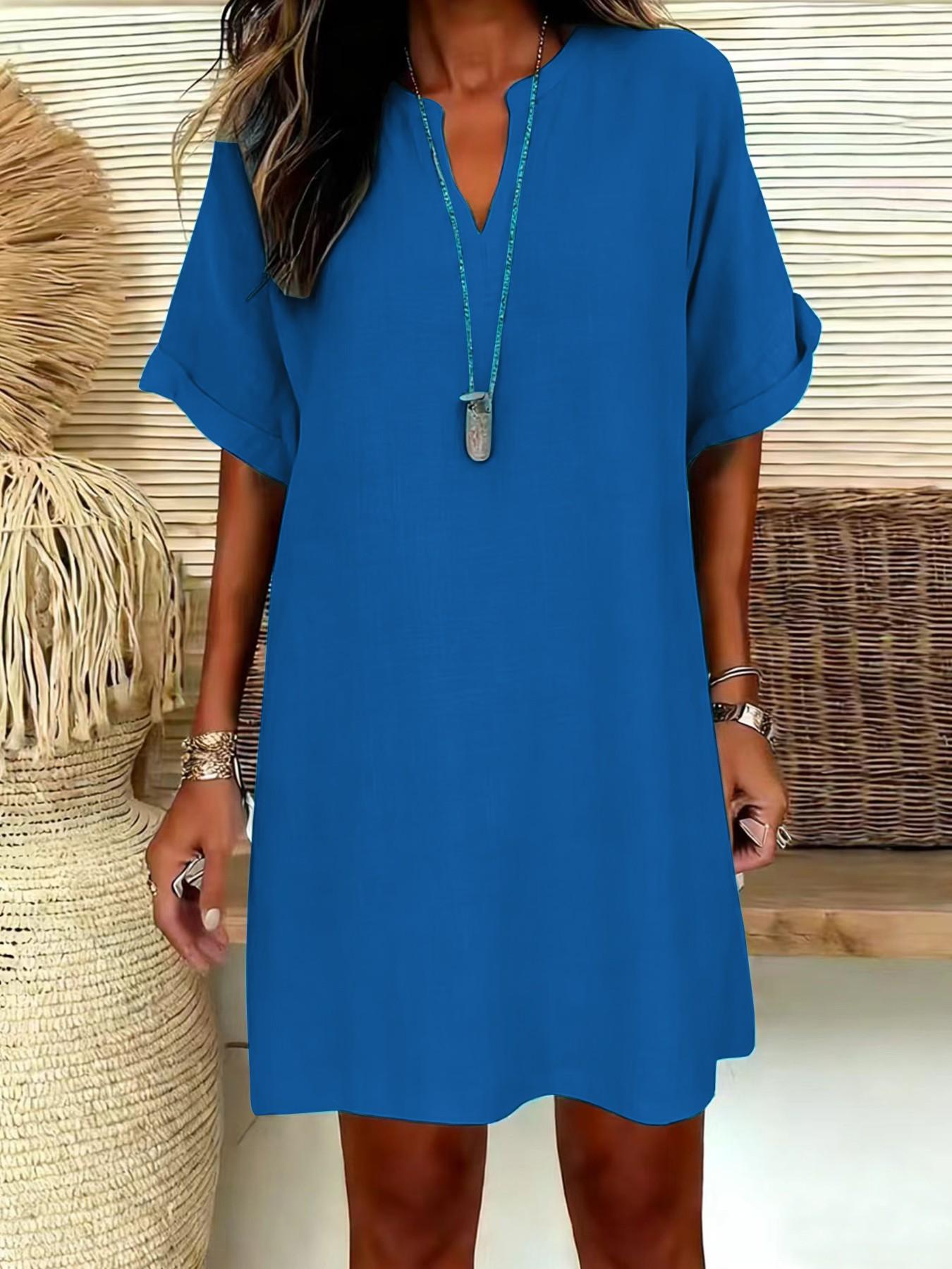 Women's Plain V-Neck Short Sleeve Dress, Casual Drop Shoulder A-Line Midi Skirt, Summer Fashion, Comfortable and Stylish