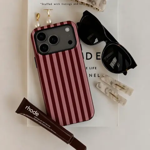 Glossy Slim Tough Burgundy & Pink Stripe MagSafe Phone Case Cover, Decorative Easy-Grip Protector For Iphone 18 17,16,15,14,13,12,11 Pro,ProMax,Plus,Air Series,Scratch-Proof Gift Casing
