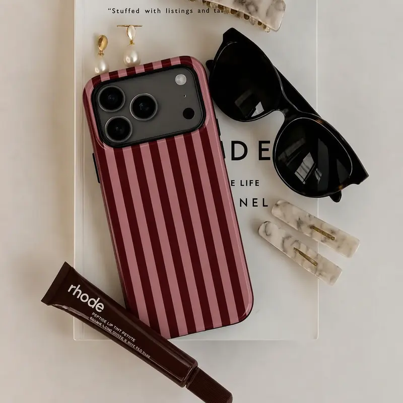 Glossy Slim Tough Burgundy & Pink Stripe MagSafe Phone Case Cover, Decorative Easy-Grip Protector For Iphone 18 17,16,15,14,13,12,11 Pro,ProMax,Plus,Air Series,Scratch-Proof Gift Casing