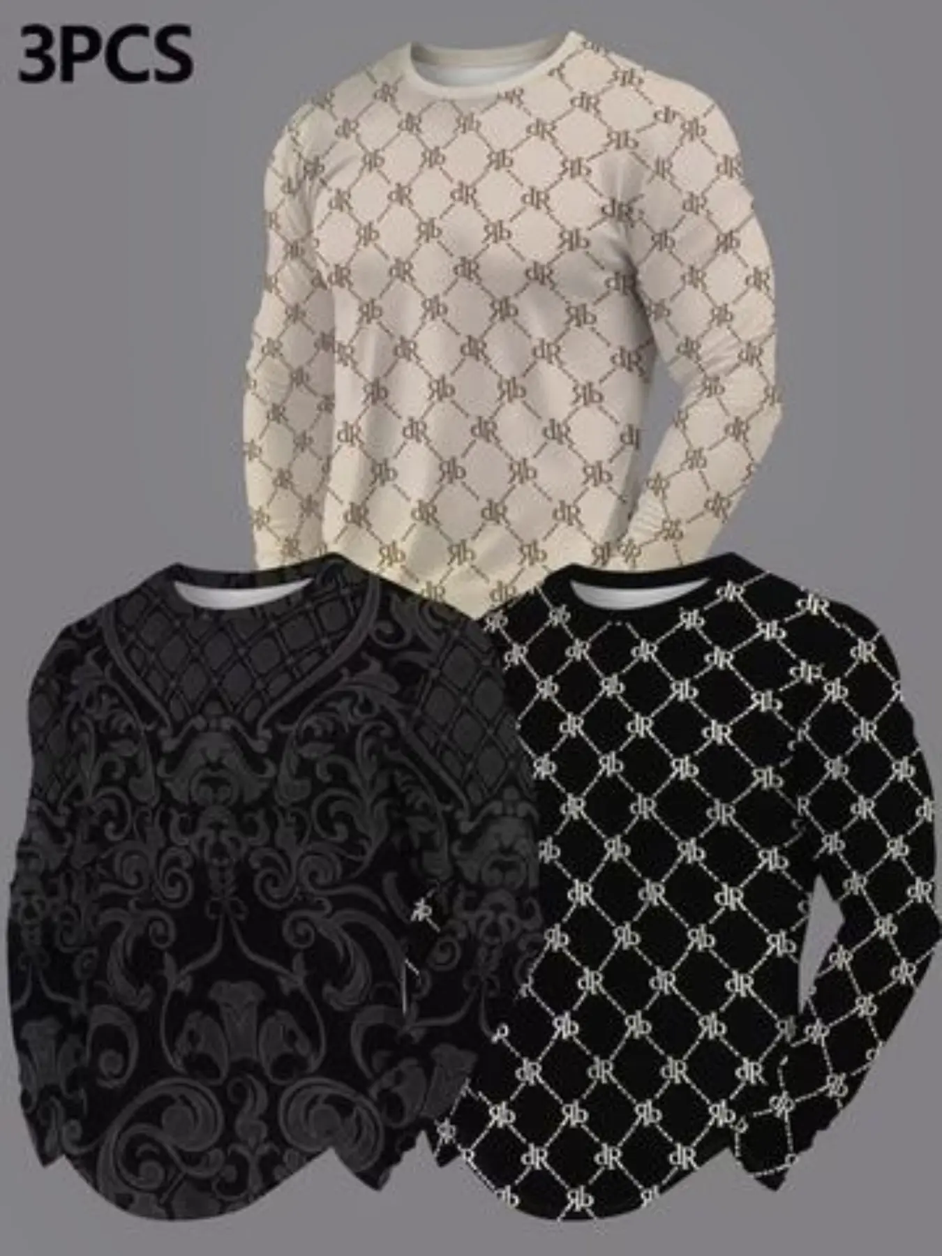 Men's 3-Piece Set, Long Sleeve T-Shirts, Geometric Patterns, Fashionable Casual, Casual Fitted Tops, All-Season Wear, Daily Essentials