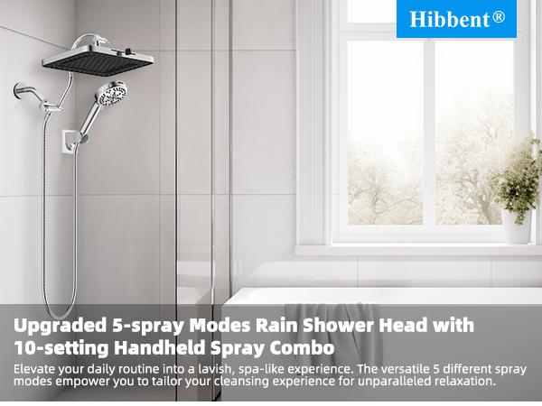 Hibbent Upgraded 5-spray 13'' Shower Head, High Pressure Rainfall Shower Head, Dual Showerhead Combo with 10-mode Handheld Spray, 12'' Adjustable Extension Arm, 71'' Hose