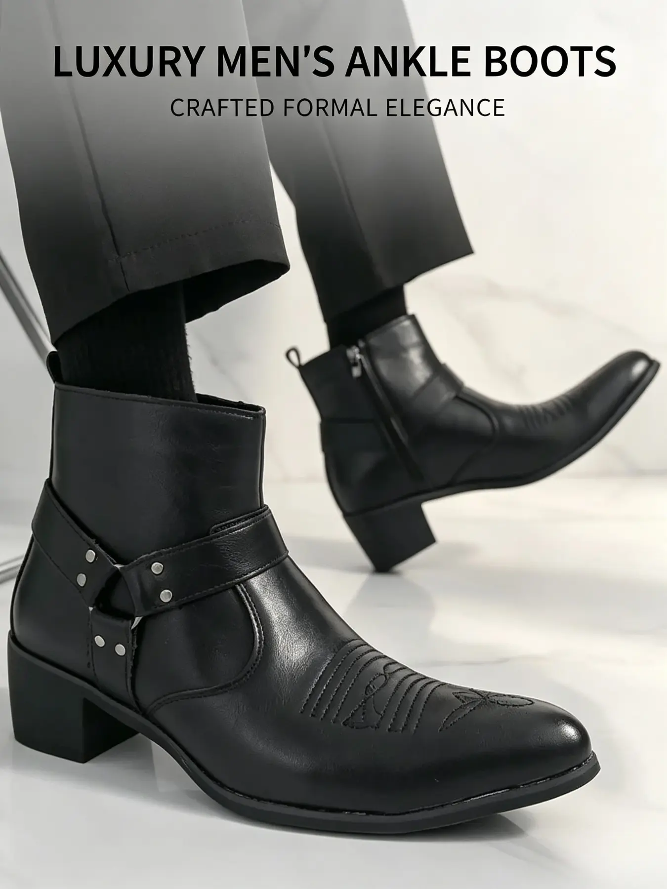 Men's Western Style Buckle Pointed Toe Short Boots, Vintage Carved High Heel Chelsea Boots, Casual Business Shoes, Fall & Winter