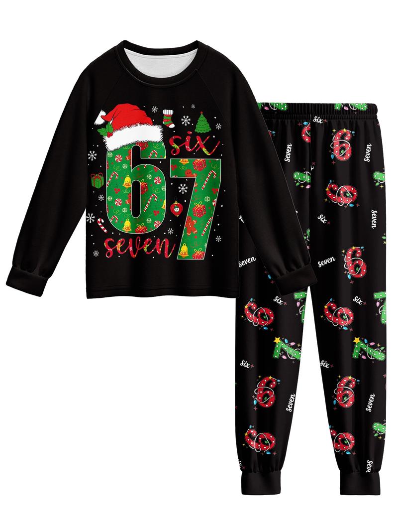 Kids' Christmas Santa Hat Print Pajama Set, Comfortable Soft Pajama Set For Holiday Gift Essential, Cartoon Print Pajama