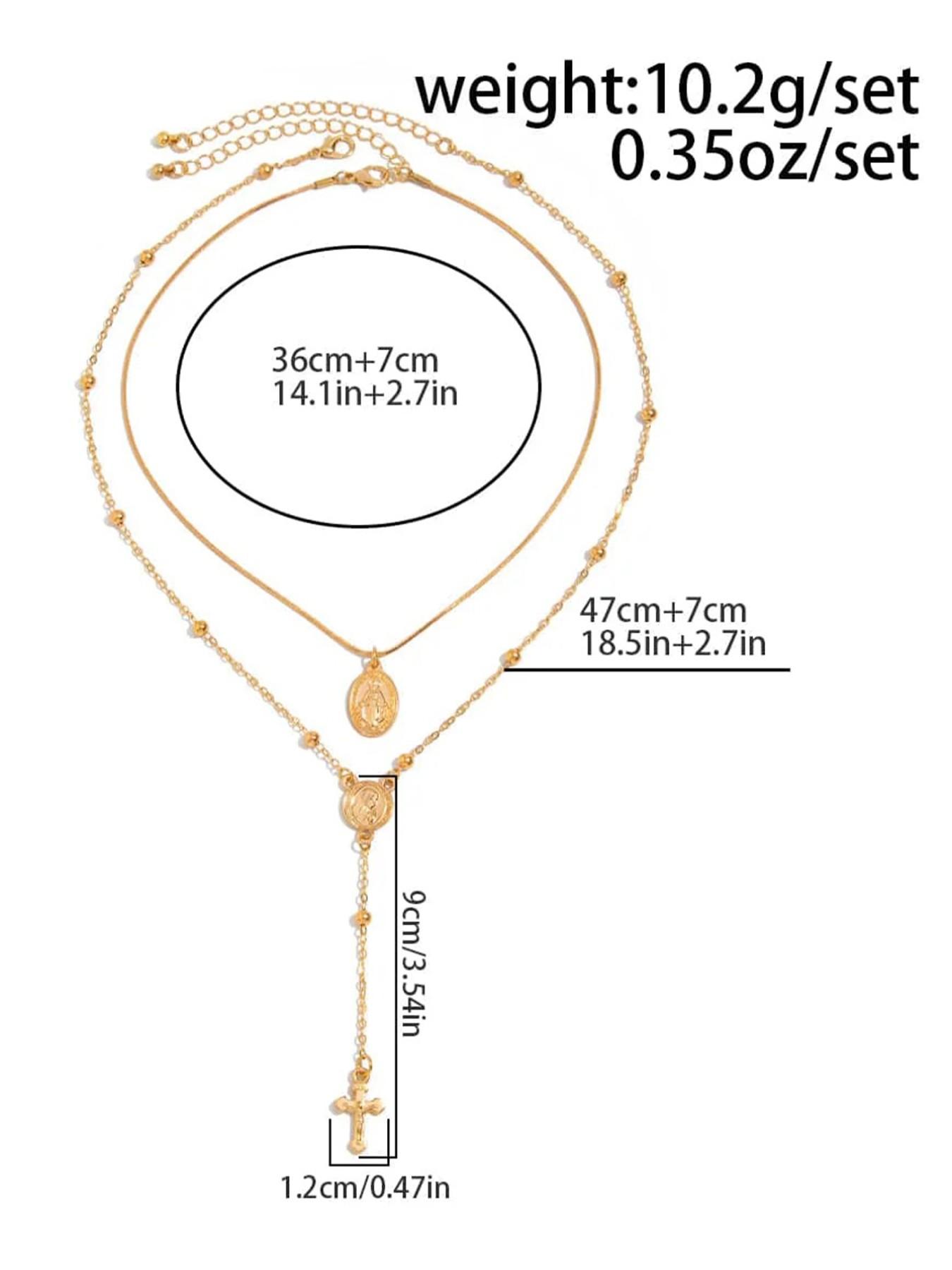 Pattern Disk Cross Pendant Saturn Chain Y Necklace Set 2pc, Elegant Jewelry Gift for Women, Unique Design Fashion Accessory