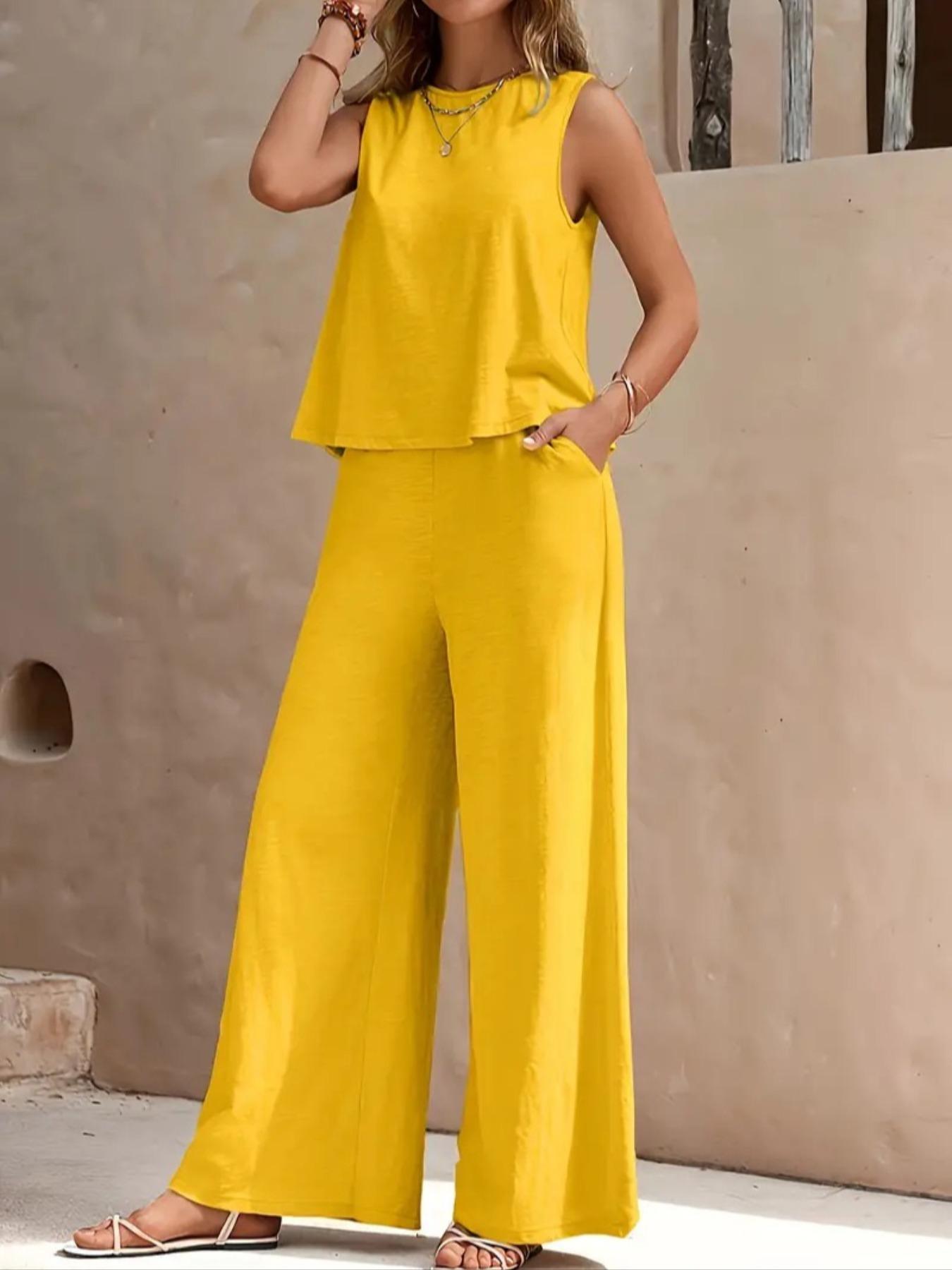 Elegant Two-Piece Set for Women, Womenswear Round Neck Vest & Wide-Leg Pants, Perfect for Casual Wear, Stylish for Daily Use Elegant Two-Piece Set for Women, Womenswear Round Neck Vest & Wide-Leg Pants, Perfect for Casual Wear, Stylish for Daily Use