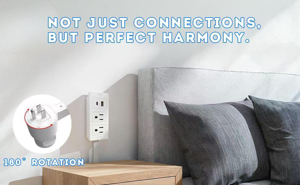 Outlet Extender Outlet electrical Mountable Multi Plug Wall Outlet, with USB-A USB-C & 2 AC, Extendable 22-34" Rotatable 180°, Surge Protector Power Strip,UL-certified power cord,ideal for behind furniture in home/office