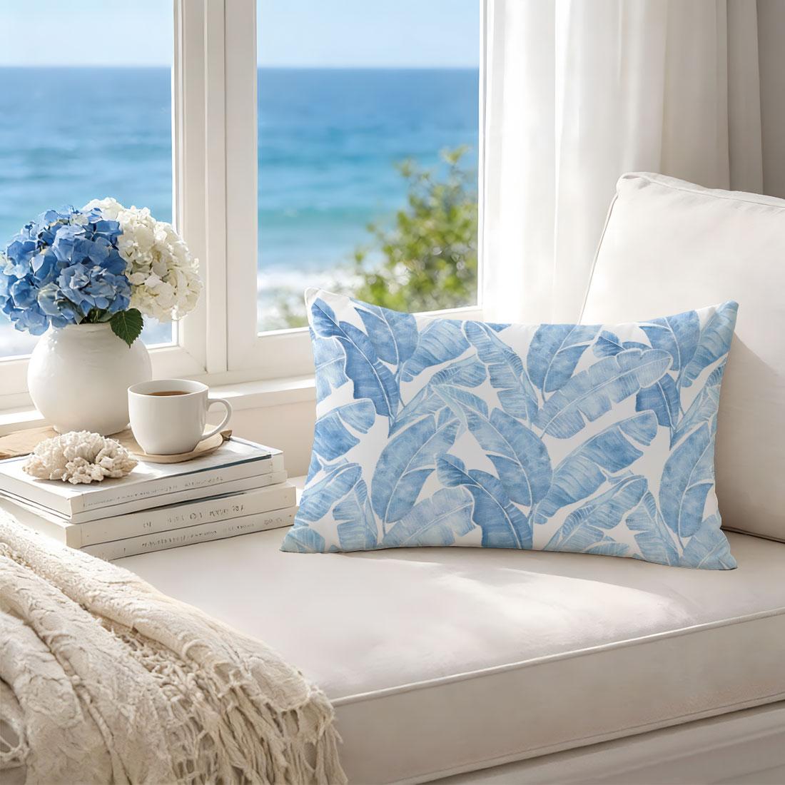 Blue Watercolor Leaf Texture Pillow Cover, Single-Sided Print, Rectangular Home Decor, Suitable for Living Room Bedroom, No Insert Included