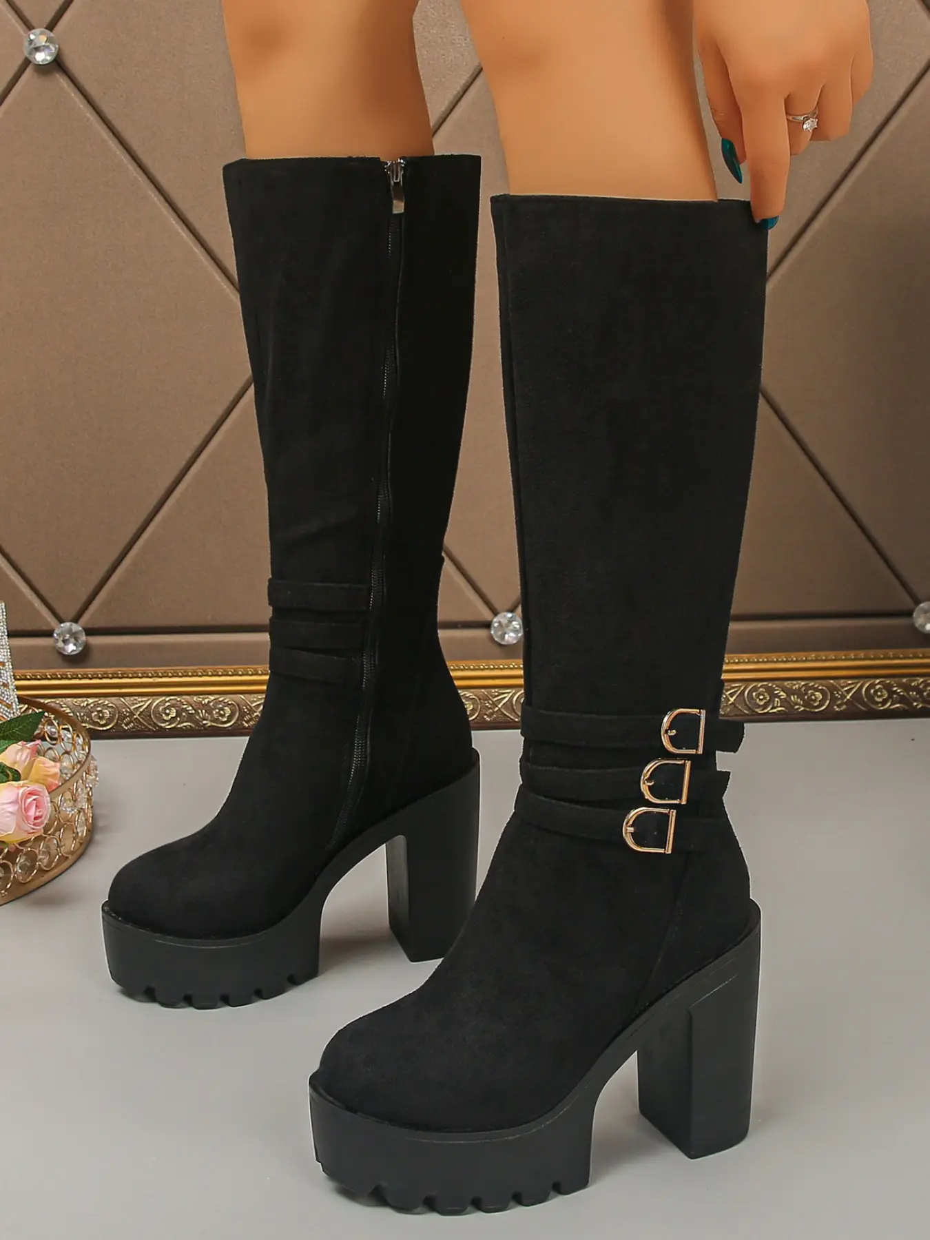 Vintage Faux Suede Chunky Heel Tall Knight Boots Women, Round Toe, Triple Strap Metal Buckle, Side Zipper, Waterproof Platform