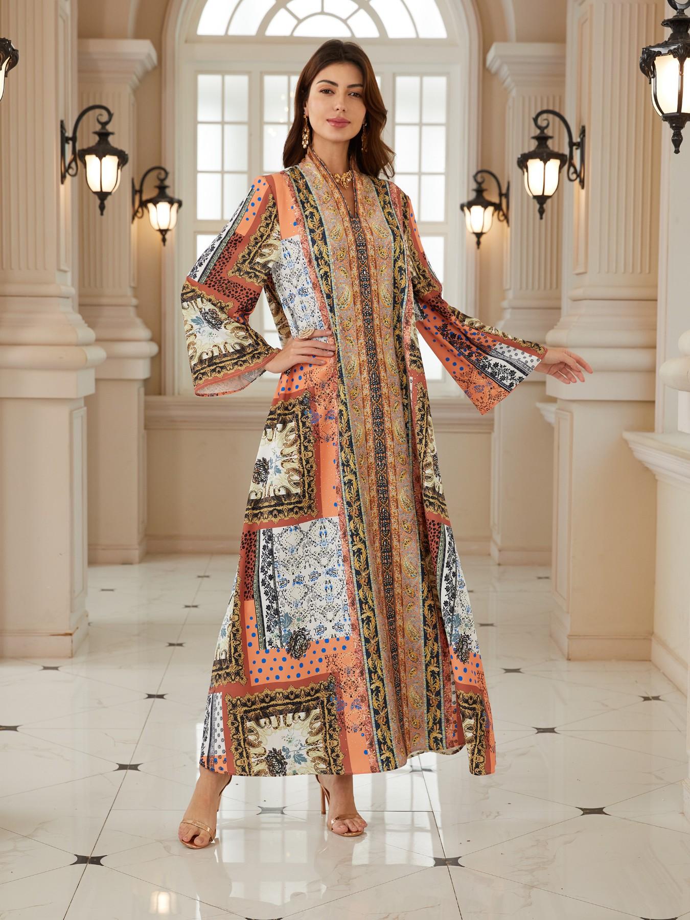 Middle Eastern Ramadan Women's Vintage Patchwork Paisley Rhinestone Long Robe, Dubai Style Festival Evening Gala Kaftan Abaya