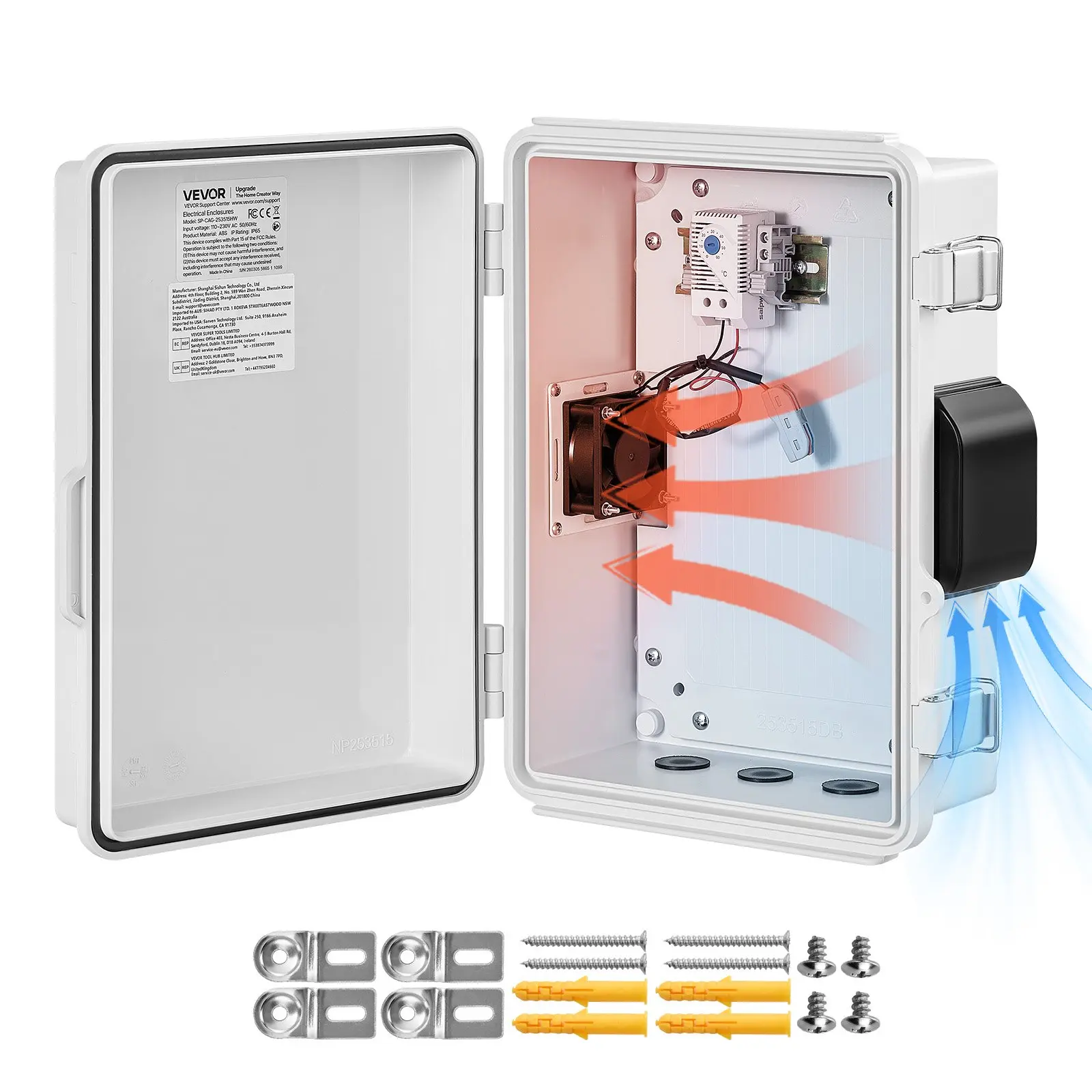 VEVOR Outdoor Electrical Box, ABS, Waterproof Electrical Junction Box with Thermostat and Fan, Mounting Plate, Cable Grommets, Ventilated Plastic Enclosure, 14.2x 10.8x 5.9 in, IP65 for Indoor/Outdoor