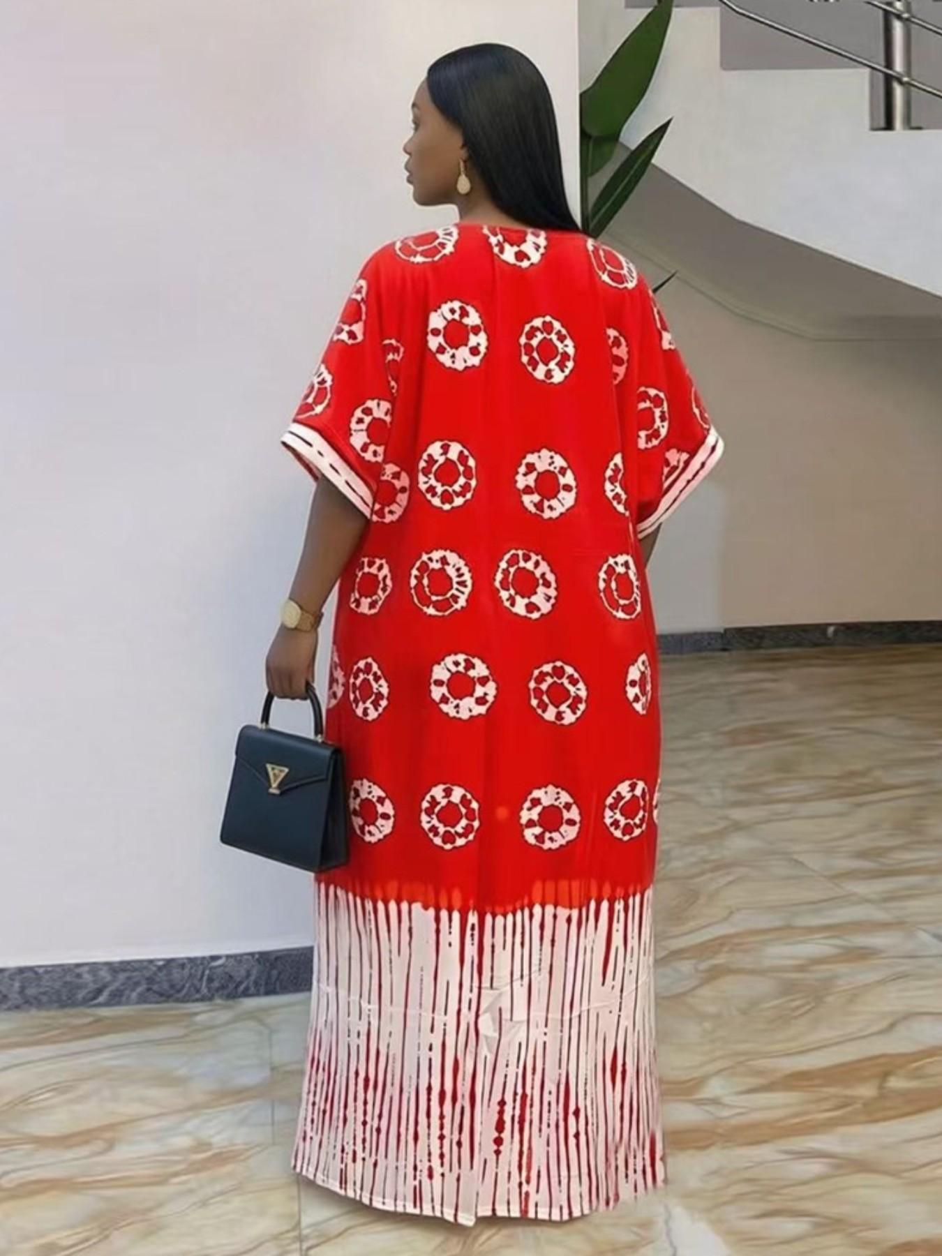 African Style Fashion Dress Summer Loose Plus Size Print Chest Patch Ethnic Boubou Kaftan Long Robe Daily Travel Party V Neck Short Sleeve with Pockets and Scarf Casual Wear