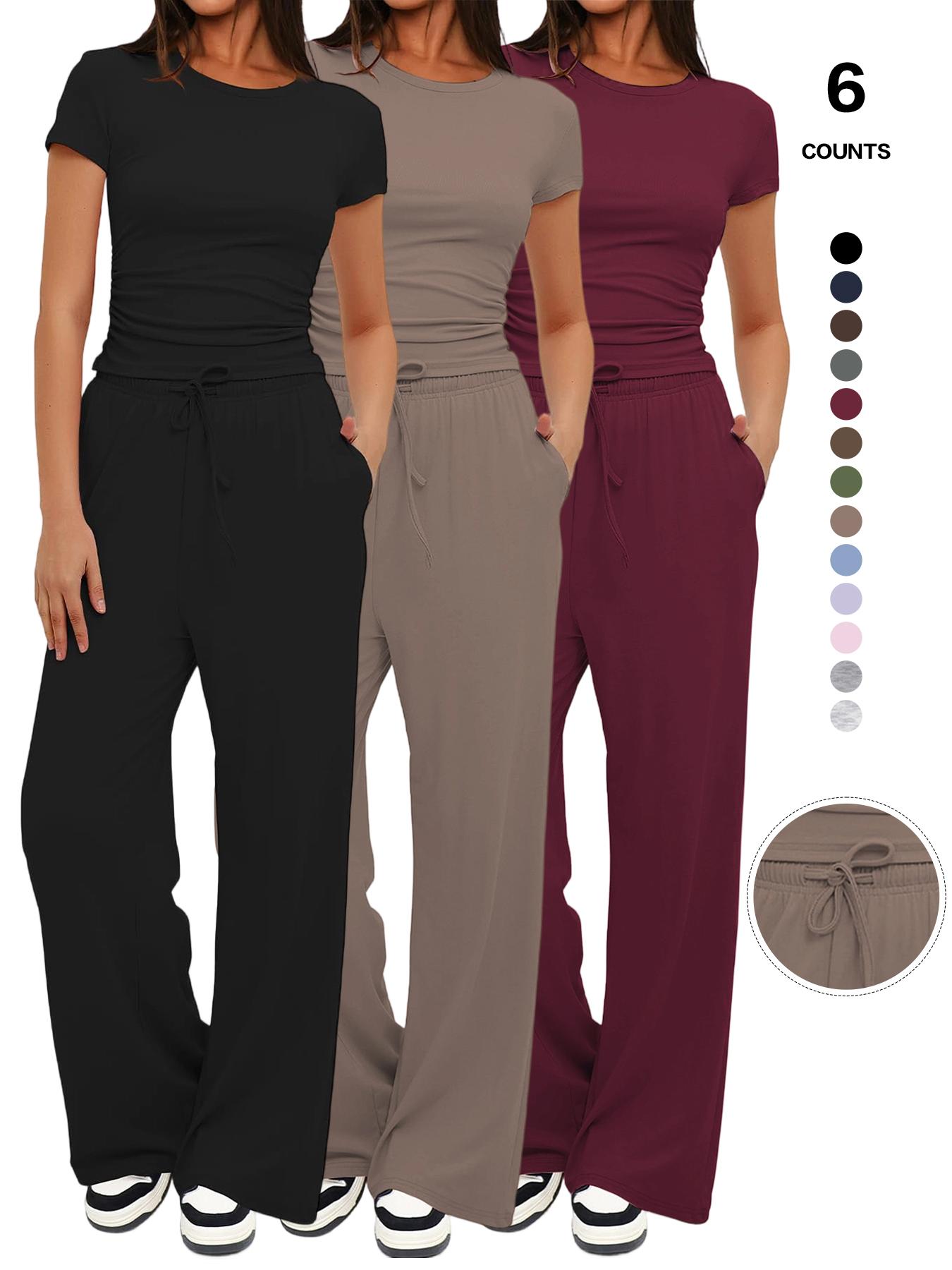 Women's Spring Summer Casual Chic Set, Round Neck Short Sleeve Top & Wide Leg Pants, Slim Fit Home Wear, 2 Piece, Ruched Design, Drawstring