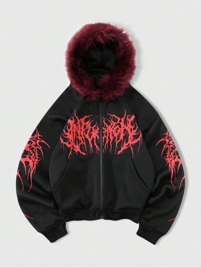 Unisex Y2K Gothic Angel Print Hooded Jacket, Hat with warm fleece lining,Fleece Lined, Zipper Design, Street Fashion, Warm and Stylish, Outdoor and Daily Wear