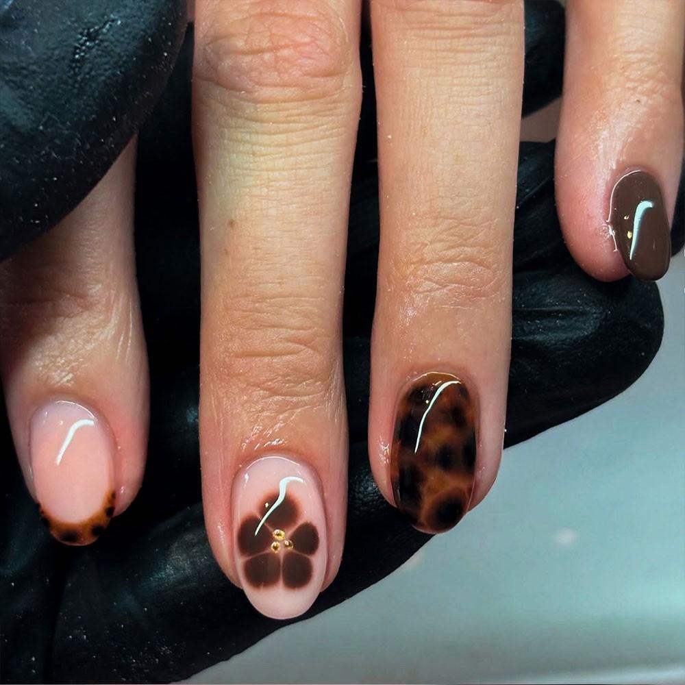 24pcs Oval Press-On Nails, Leopard French & Flower Designs, Autumn Winter Acrylic False Nails Set, Easy Wear for Women and Girls