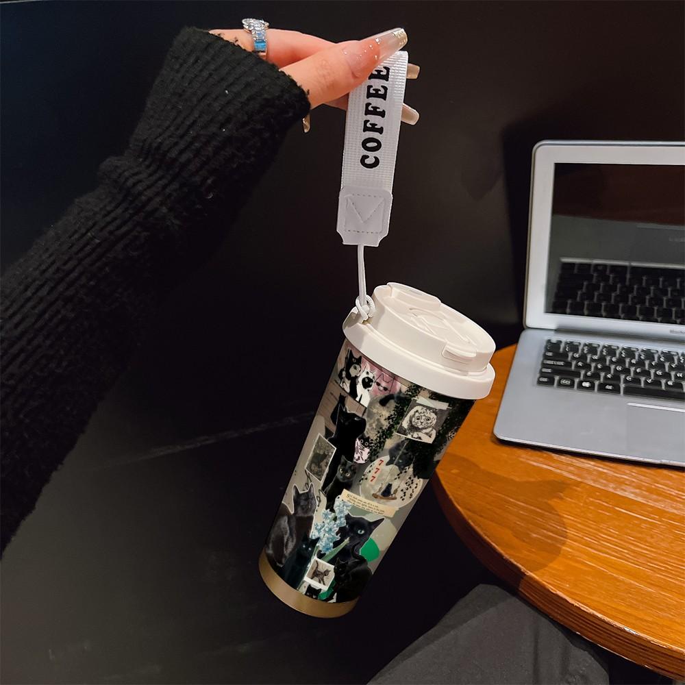 Abstract Cat Texture Coffee Cup, Portable Dual Drink Insulated Tumbler, Heat/cool Keeper, Boho Style, Office, Travel, Outdoor Essential