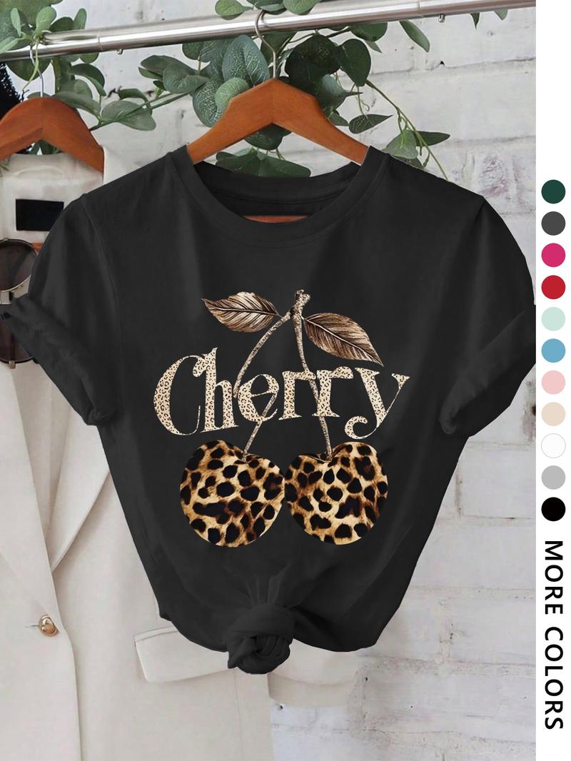 Women's Cherry & Leopard Print Round Neck Graphic Tee, Vintage Trendy Casual Short Sleeve T-shirt for Daily Wear, Ladies All Seasons Outfit, Top