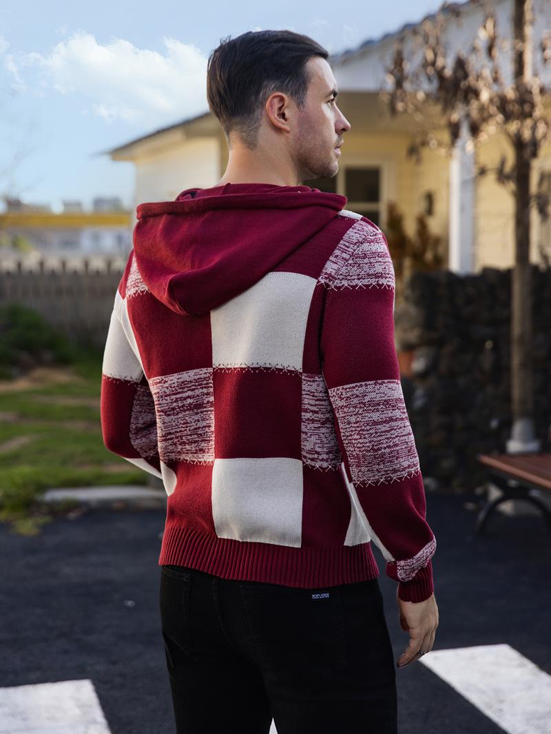 Men's Casual Hooded Color-Block Sweater - Black & Plaid Pattern, Long Sleeve Pullover with Ribbed Cuffs & Adjustable Drawstring Hood for Spring/Fall, Durable Knitwear, Comfortable Fit