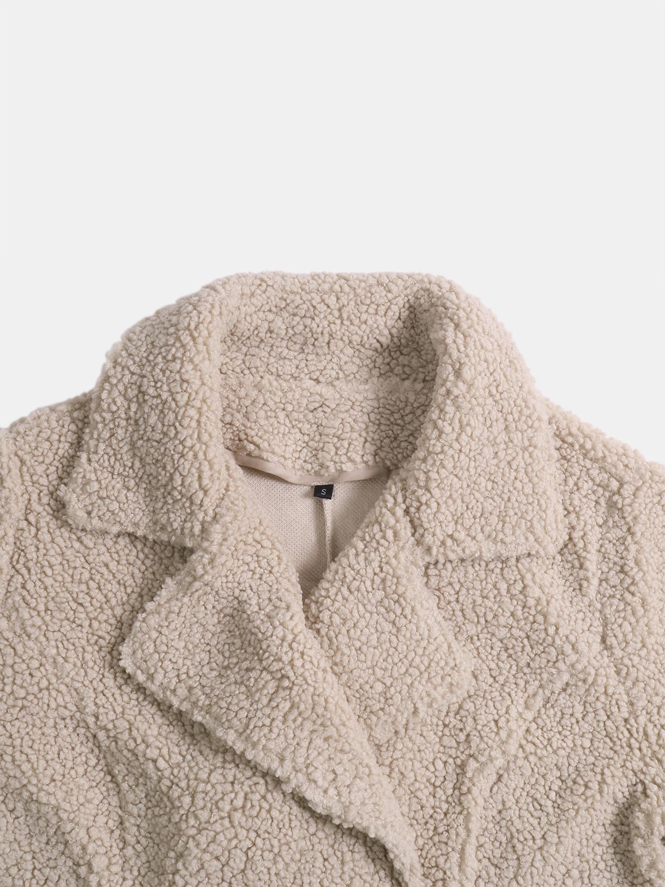 Women's Winter Lamb Fur Mid-Length Coat, Soft Aesthetic Ladies Double-Breasted Outerwear, Casual Loose-Fitting Jacket, Plain Pattern, No Ca Prop 65