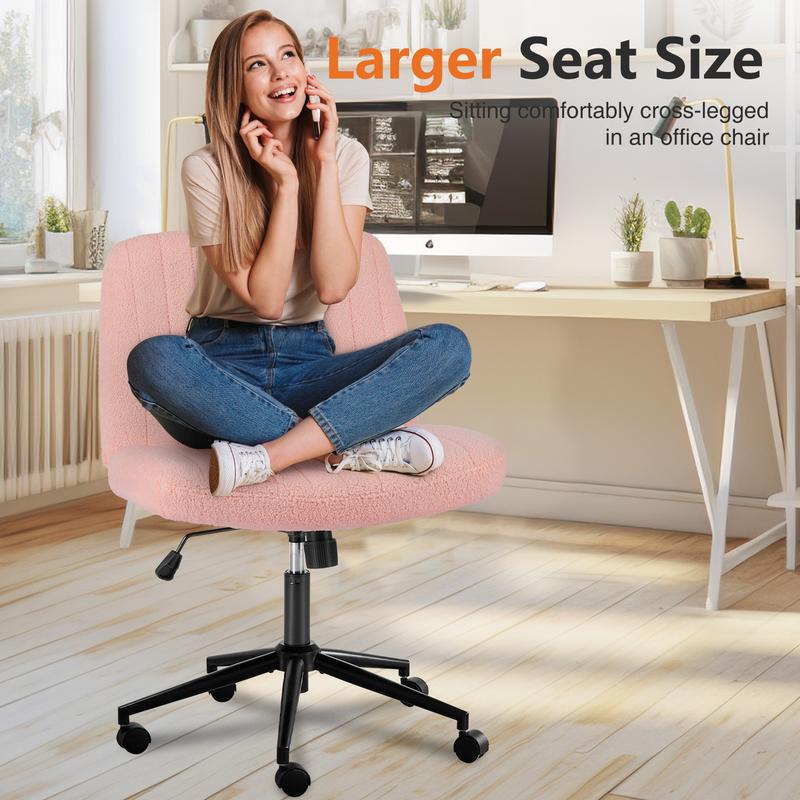Armless Wide Swivel Office Chair with Cross Leg Seating, Adjustable Fabric Vanity Chair with Wheels and Fixed Base, Padded Seat, Grey