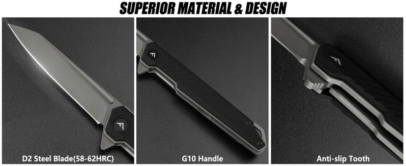 #JumpstartSale FLISSA Folding Knife, Pocket Knife with D2 Steel Blade, G10 Handle, Pocket Clip, Lightweight for Camping, Tactical, Hiking, Hunting, EDC, Daily Use, Outdoor Activities