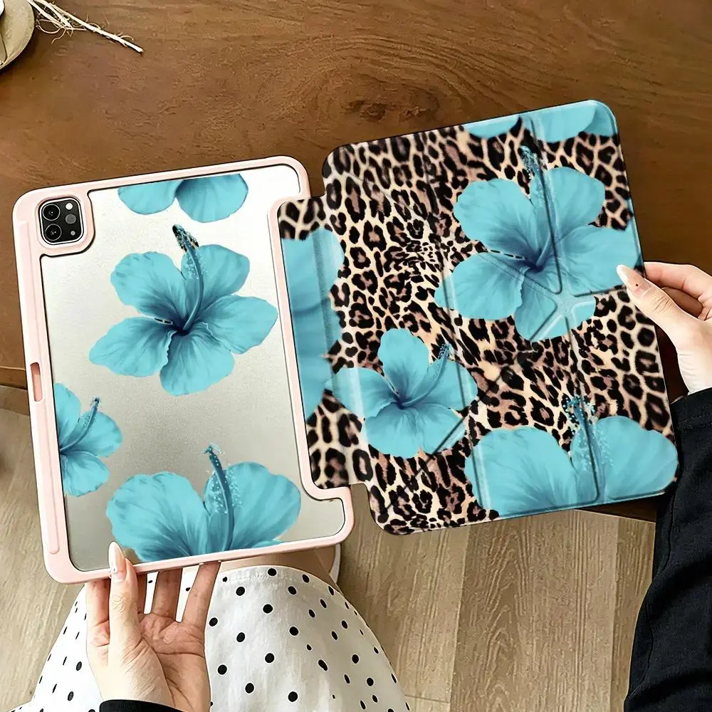 Trendy Leopard Teal Hibiscus Flower iPad Protective Case, Anti‑slip Shockproof & Sleep Wake Feature Compatible with ipad 2021‑10.2inch,ipad 10th 2022‑10.9inch,ipad 10th 2023‑10.9inch,ipad Air‑11inch 2024,ipad 11th‑2025