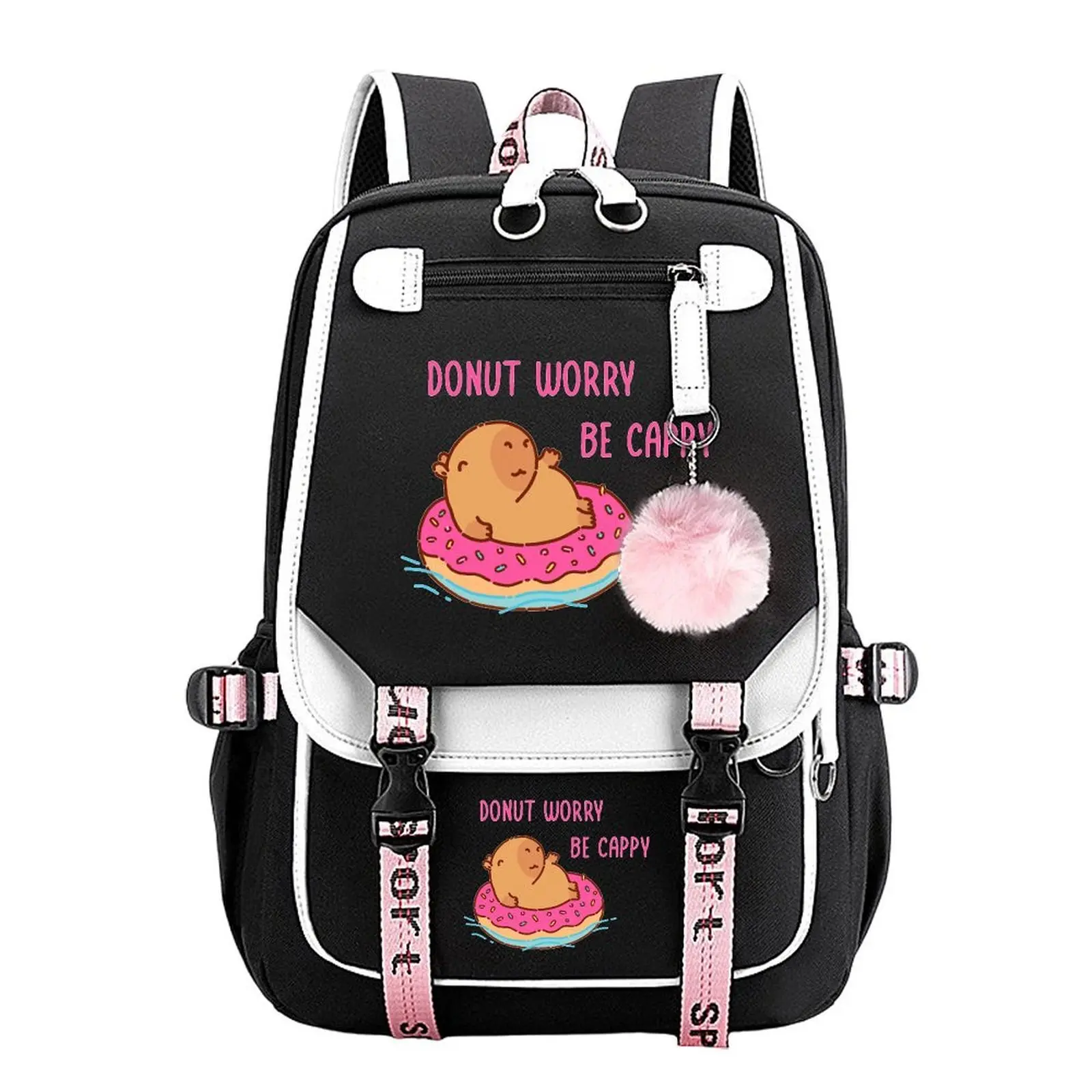 Unisex Animal Theme Cotton Linen Capybara Donut Print Backpack, 11.4"×18.1" Large Capacity School Bag for Teen Students, Water-Resistant Durable Multi-Pocket Organizer, Ideal Birthday & Holiday Gift
