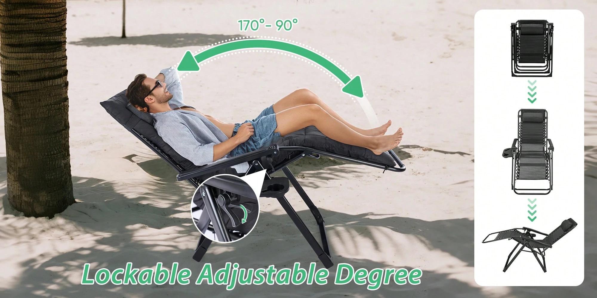 Zero Chair, Reclining Camping Lounge Chair, Reclining Patio Chairs With Cup Holder Trays And Removable Cushion, Folding Recliner Indoor And Outdoor, Sunbathing Lounge Chair, Reclining Sunlounger