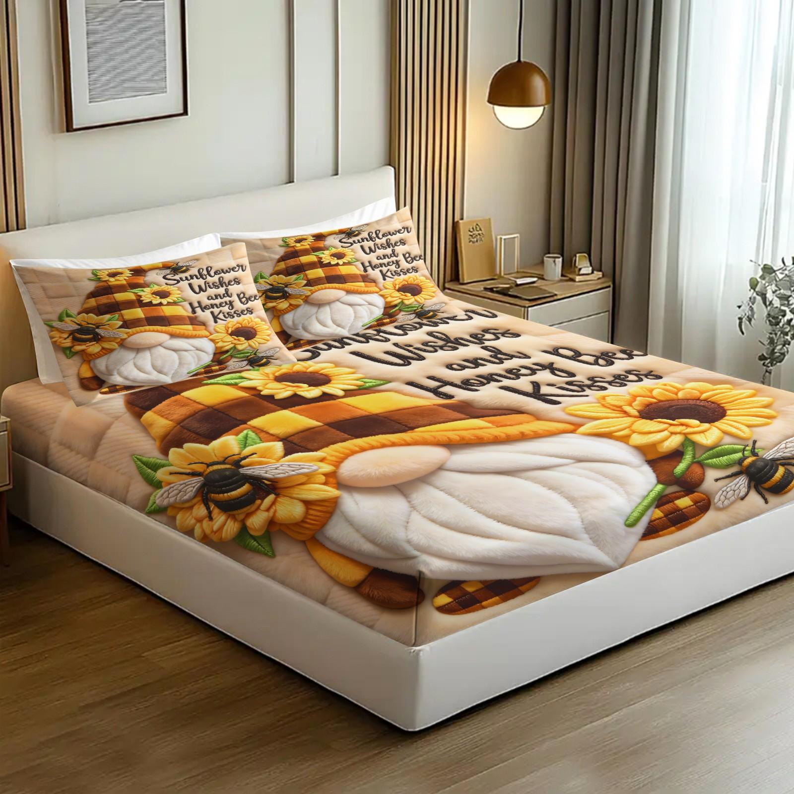 Cure-Style Sunflower Print Bed Sheet Set, Plush Warm Bedding with 2 Coreless Pillowcases, Cozy Bedroom Decor, Mattress Cover Clb452
