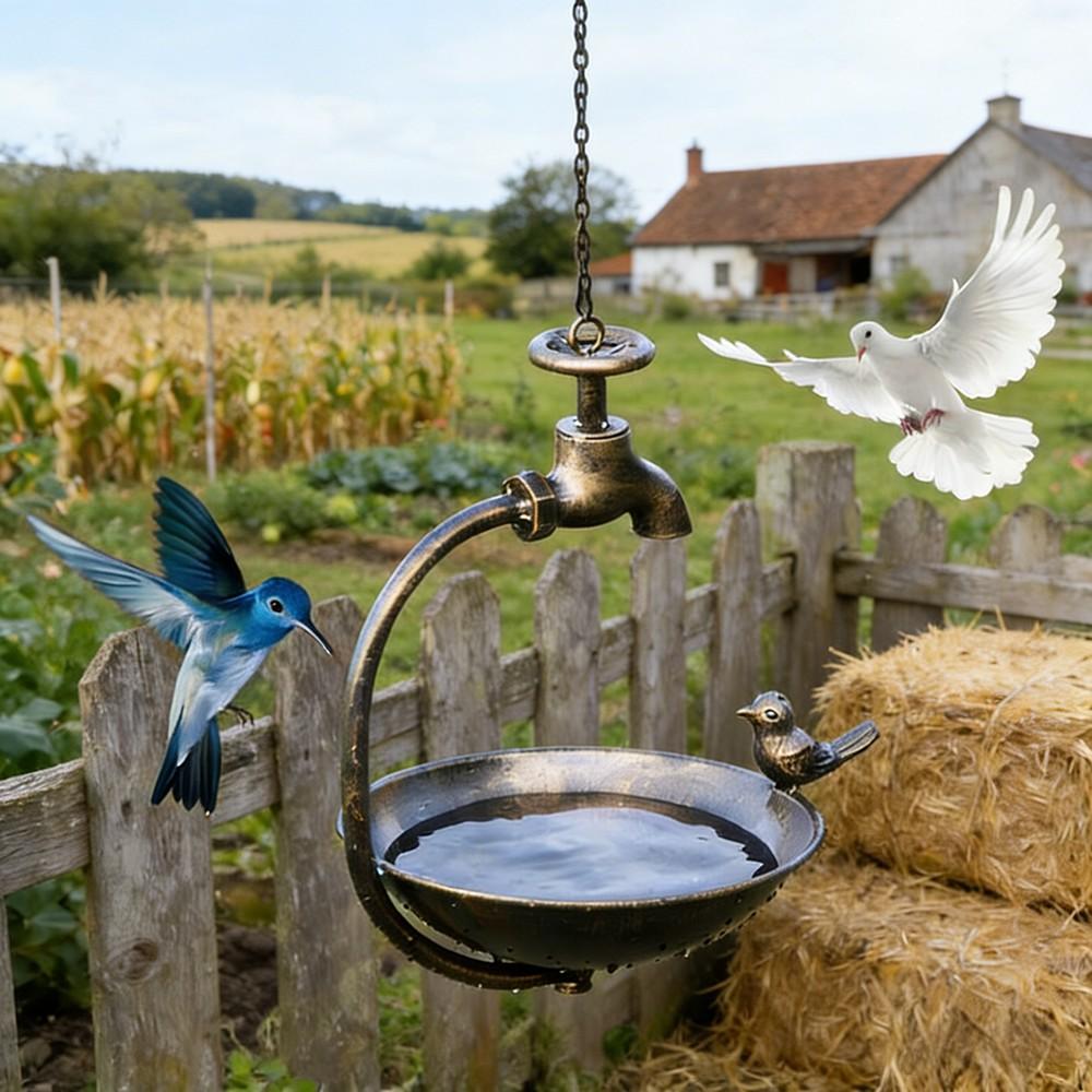 Vintage Style Hanging Bird Feeder, Hummingbird Feeder, Simple Metal Feeder with Faucet Design, Multi-Functional Bath Bowl with Bird Decorations, Suitable for decorating Outdoor Yards, Balconies, And Gardens, best gift for bird lovers, Metal Bird Feeders