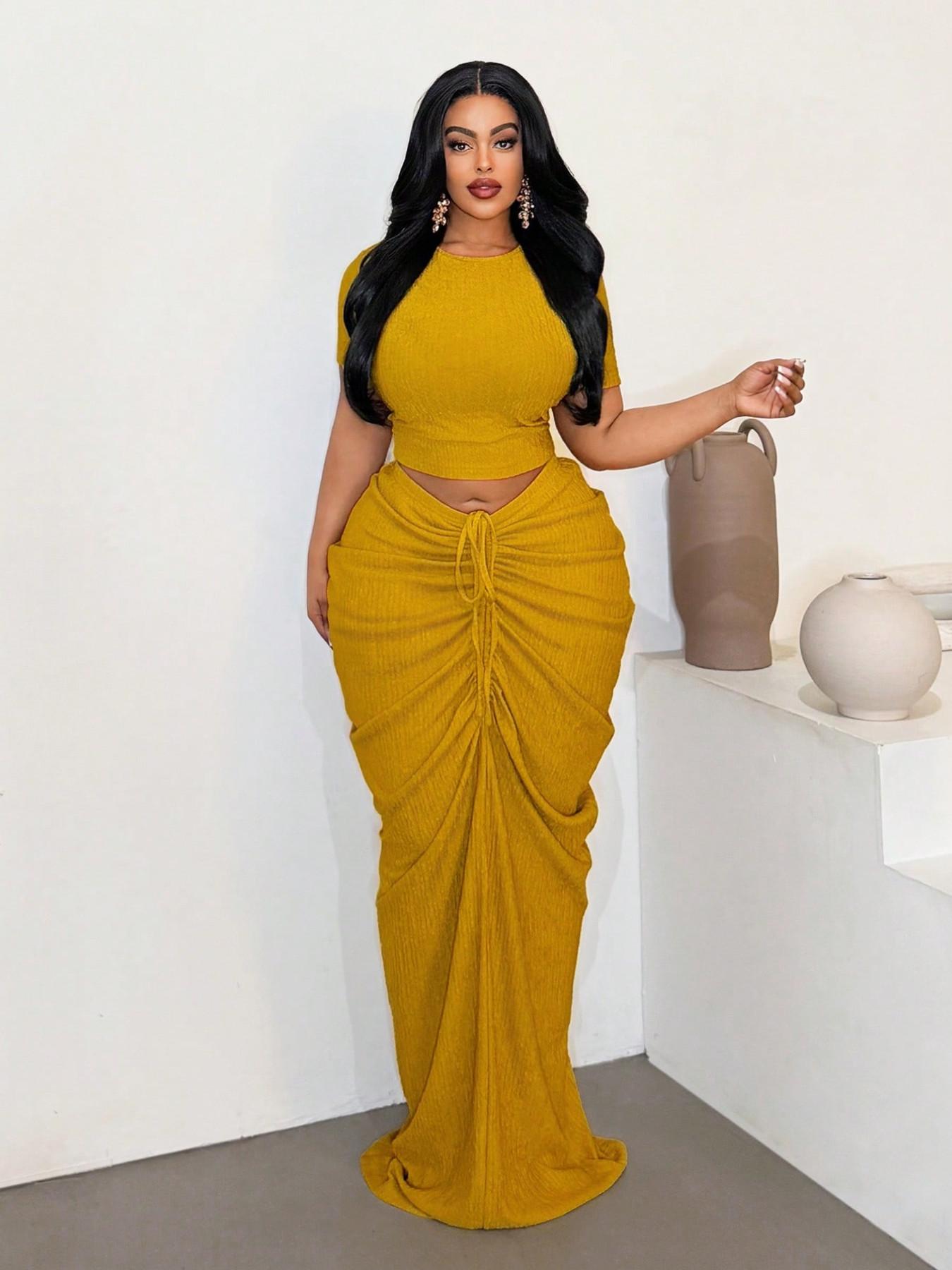 Plus Size Two-Piece Women's Set, Ribbed Short Top & Drawstring Pleated Skirt, Sexy Slim Fit Evening Party Dress, Curvy Friendly Fashion Plus Size Two-Piece Women's Set, Ribbed Short Top & Drawstring Pleated Skirt, Sexy Slim Fit Evening Party Dress, Curvy Friendly Fashion