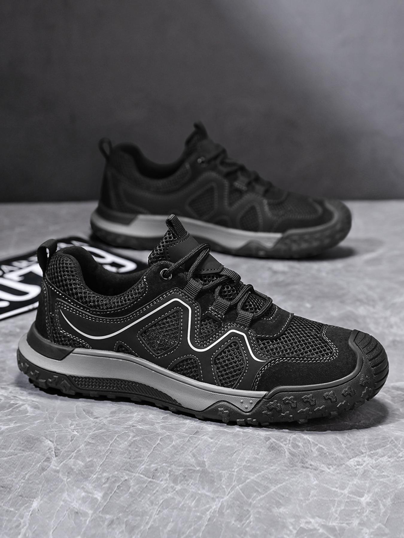 Men's Solid Color Mesh Breathable Outdoor Hiking Shoes Drawstring Toe Cap Trekking Shoes Non-Slip Wear-Resistant Casual Sneakers