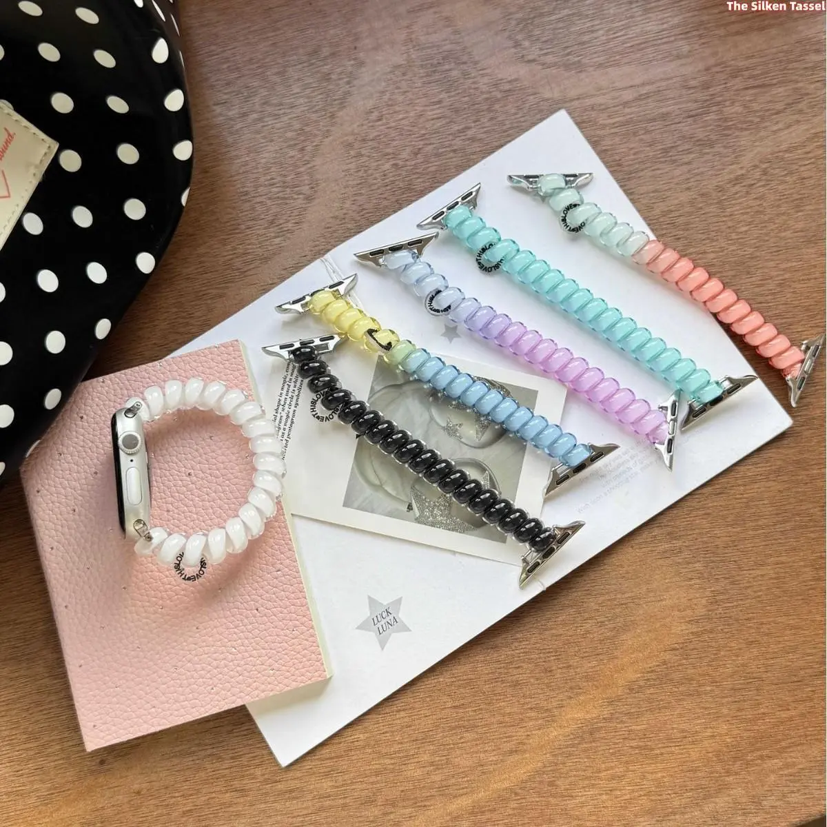 Pastel Candy Color Coil Telephone Cord Beaded Watch Band Compatible With Apple Watch Elastic Stretch Plastic Spring Wrist Strap Cute Kawaii Bracelet Accessory For Girls Women tiktokshopbacktoschool