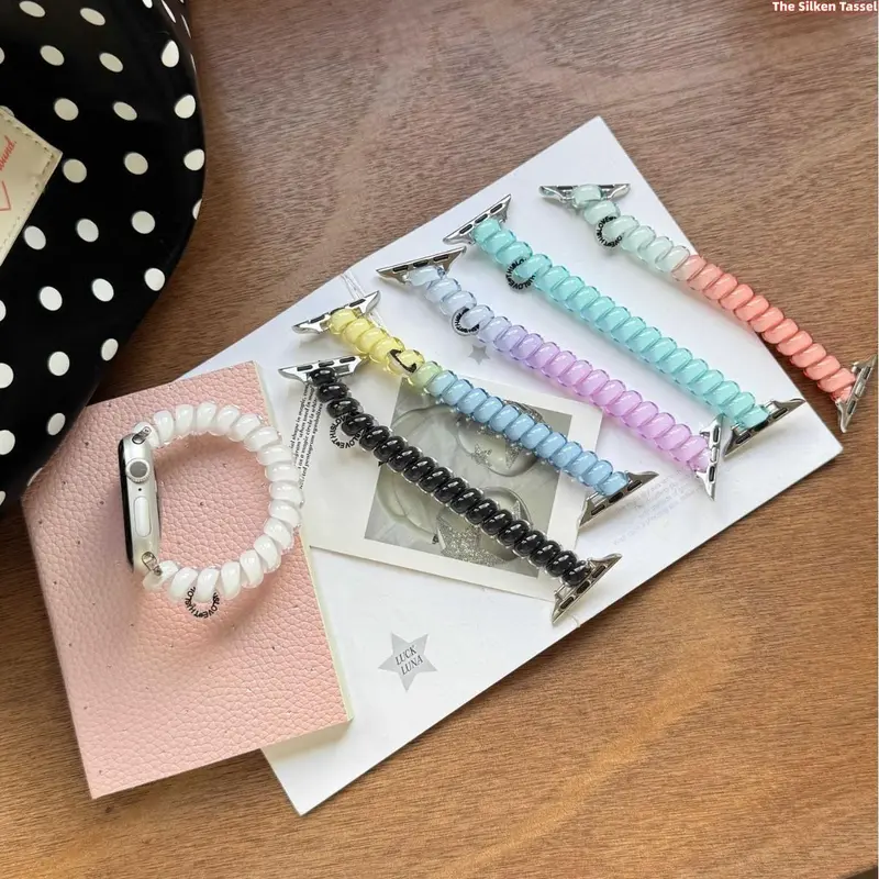 EYWXND Women's Kawaii Pastel Candy Color Coil Beads Wearable Watch Strap - Elastic Stretch Plastic Spring Wristband, Casual Wear Accessory, Playful Sports Wristband for Smart Watches, DIY Bags