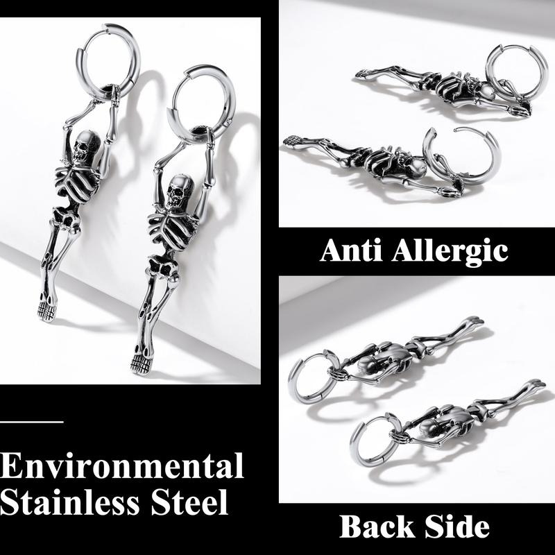 U7 Skull Skeleton Charm Hoop Earrings for Men Women Retro Vintage Gothic Skeleton Huggie Earrings Stainless Steel Dangling Earrings for Halloween