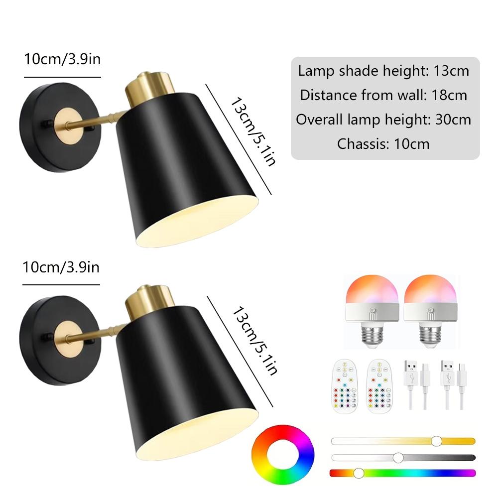 2-Pack Battery-Powered Wall Lamp, Black/Gold, Rechargeable Wall Light, Adjustable Bulb with Remote, 12 Colors, for Bedroom Living Room