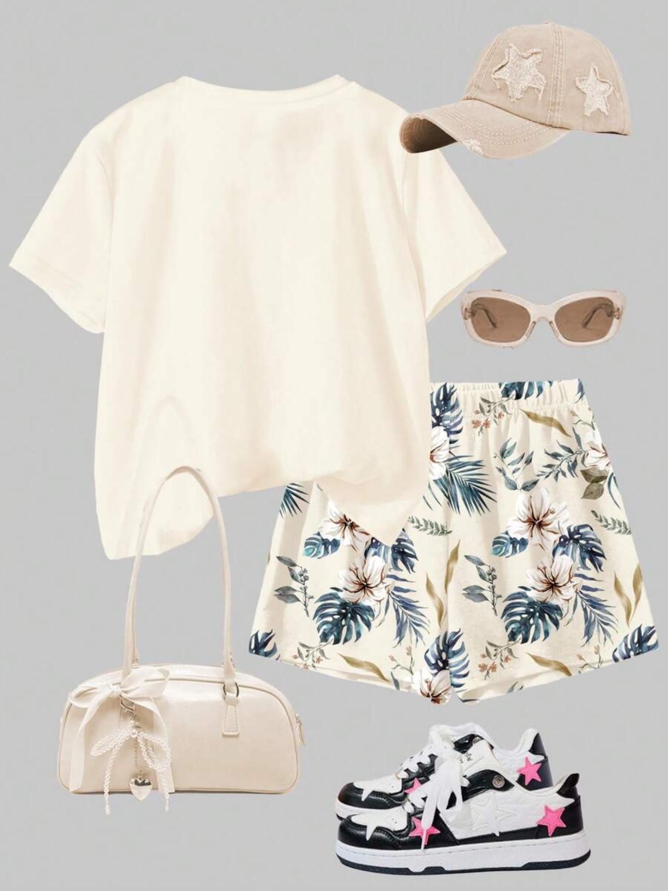 Girls Vibrant Floral Print T-Shirt and Shorts Set, Summer Outdoor Campus, Fashionable Trendy Casual Wear, Loose-Fitting Suit, Tropical Print Set, Summer Clothes Set