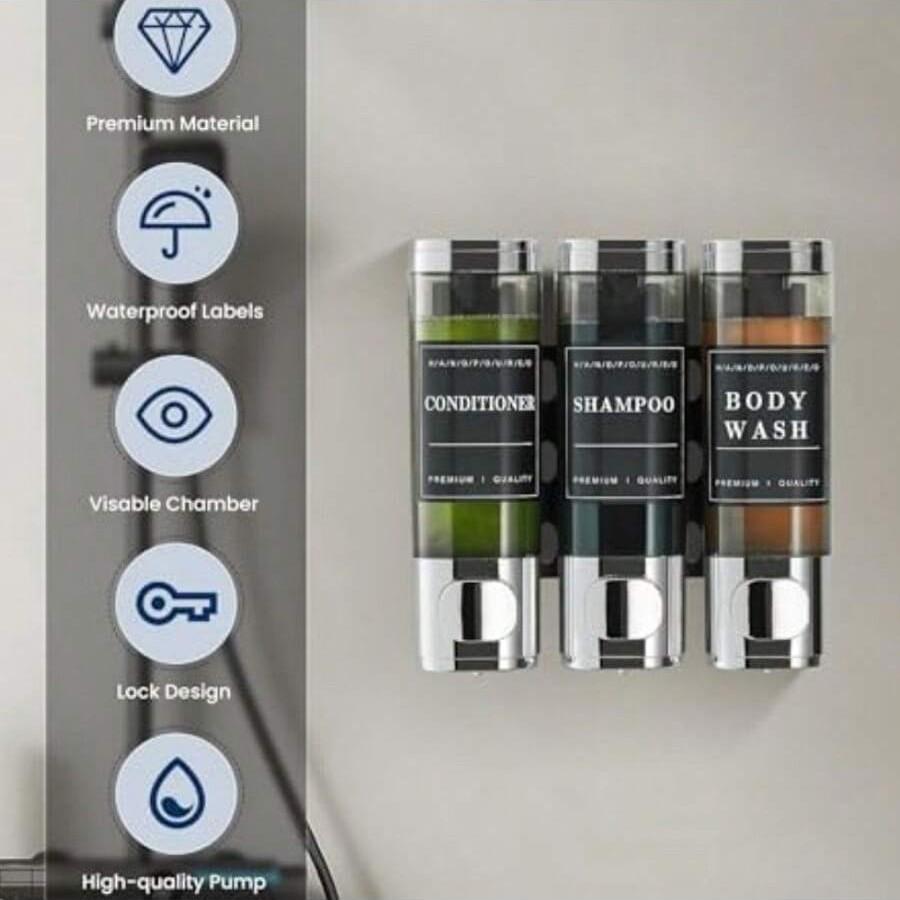 Shower Soap Dispenser Wall-Mounted No-Drill Shampoo Conditioner Dispenser for Shower Walls, Hair Care Liquid Dispenser for Bathroom Hotel Use