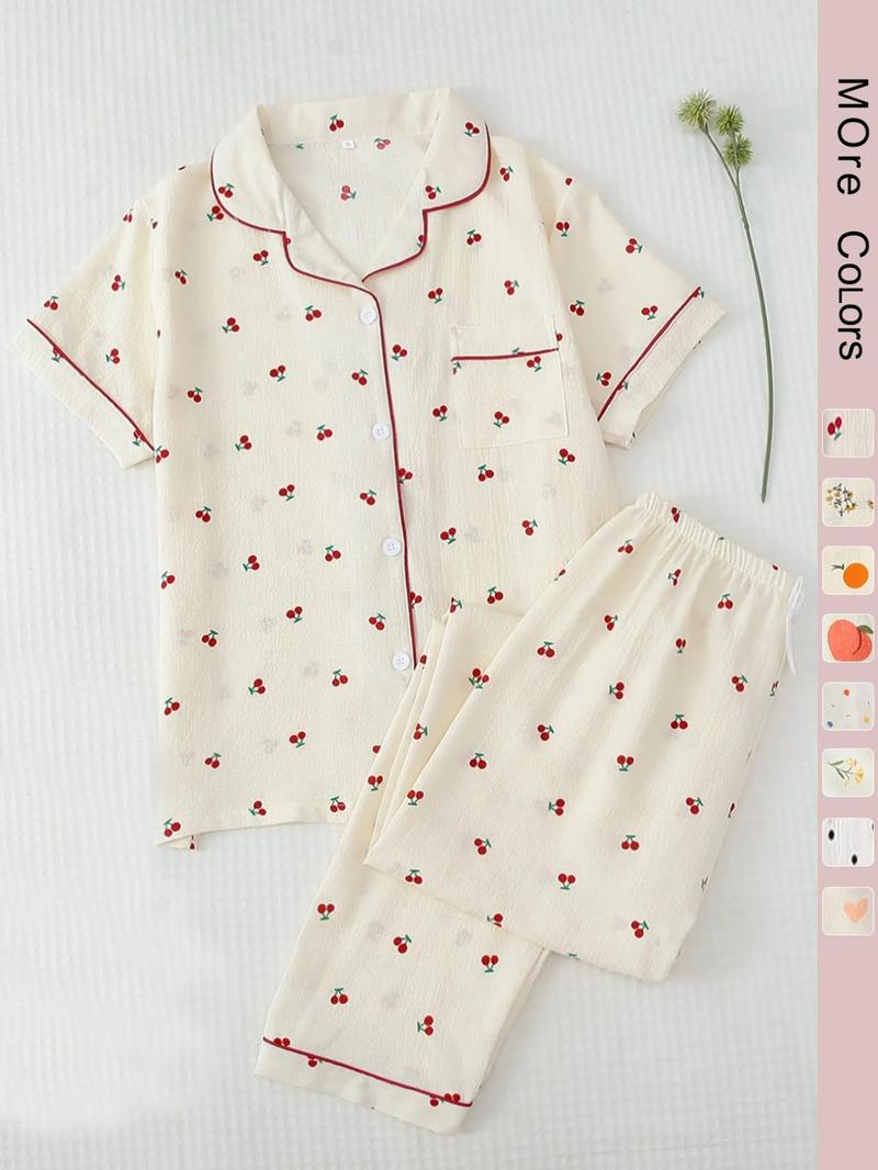 Two-Piece Set Women's All Over Print Pajama Set, Button Front Short Sleeve Shirt & Elastic Waist Pants Lounge Co-ord Set, Summer Outfits 2024, Lady Summer Homewear