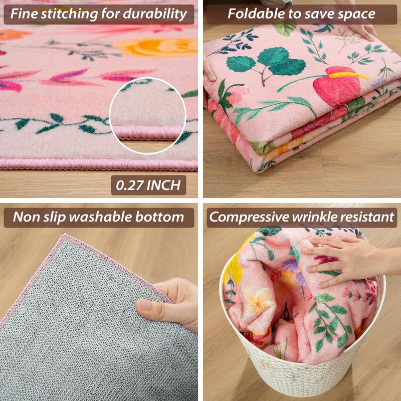 Floral Boho Imitation Cashmere Printed Area Rugs, Washable Machine, Non Slip Low Pile Vintage Large Carpet for Living Room, Bedroom, Farmhouse, Dining Room, Kids Playroom, Orange, Pink, Black, Green, Beige,2x3, 2x6, 4x6, 5x7, 6x9, 8x10, 9x12 Feet