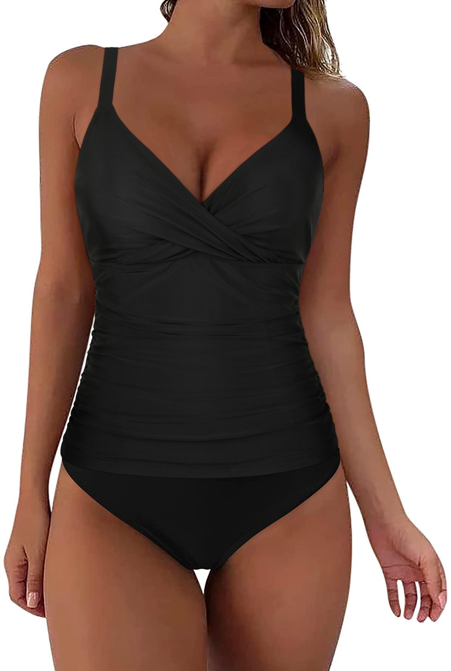 Hilor Women's Underwire Tankini Top Ruched Tummy Control Bathing Suit Tops Push Up Top Swimsuit Front Twist Swim Top Only